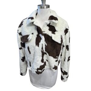 Ashley by 26 Cow Print Sherpa Jacket Cropped Faux Fur Cozy Warm Medium